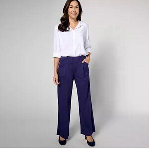Isaac Mizrahi Live! Petite Stretch Twill Pull on Wide Leg Trousers Navy Petite M